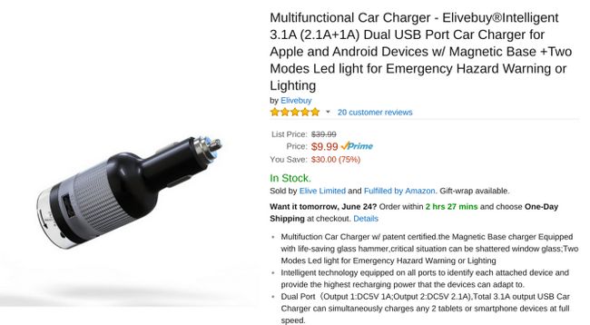 Fotografía - [Offre Alerte] double chargeur de voiture USB avec fenêtre-verre brisé marteau et les feux de détresse 6 $ sur Amazon Après 4 $ coupon de réduction
